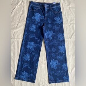 Chico's Dark Blue Denim Jeans with Floral Design & Gold Stitching